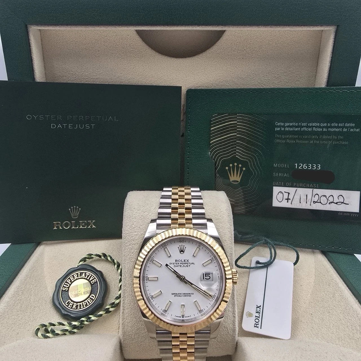 PAPERS 2022 Rolex Datejust 41mm 18K Two Tone White Dial Jubilee 126333 BOX