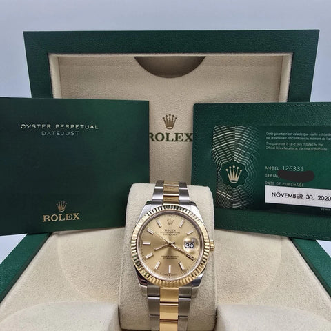 2020 PAPERS Rolex Datejust 41 Champagne Dial Oyster 18K Gold Steel 126333 BOX