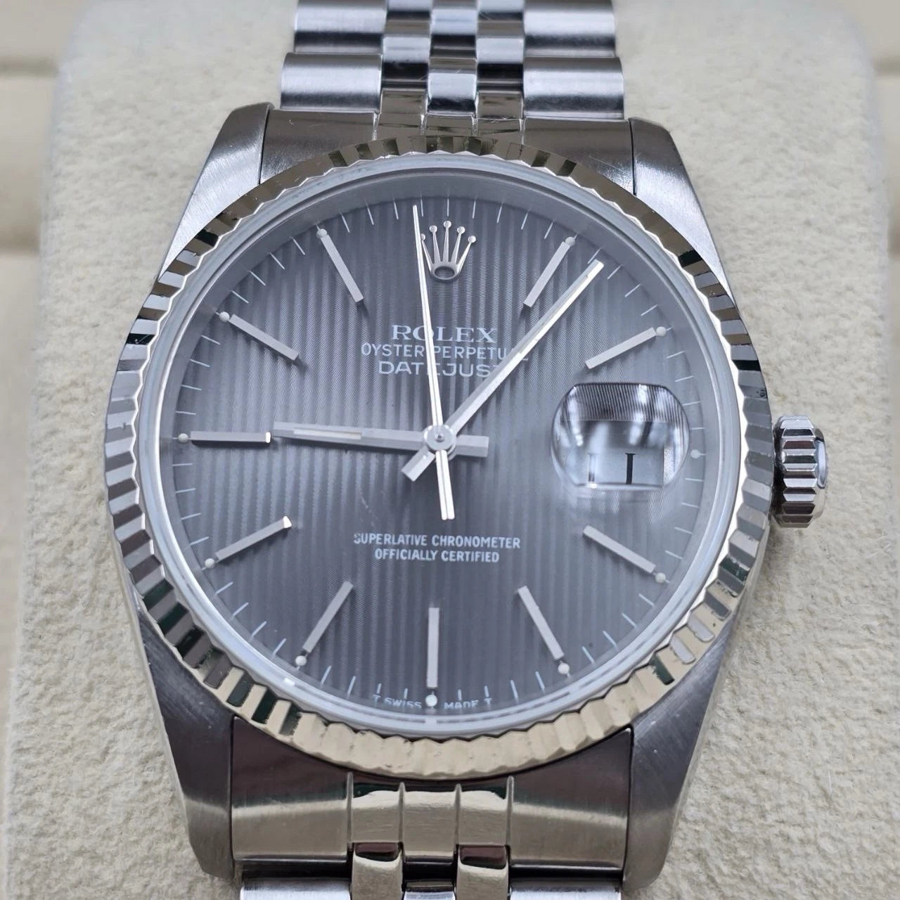 Rolex Datejust Gray Tapestry Dial Stainless Steel Jubilee 16234 36mm Watch