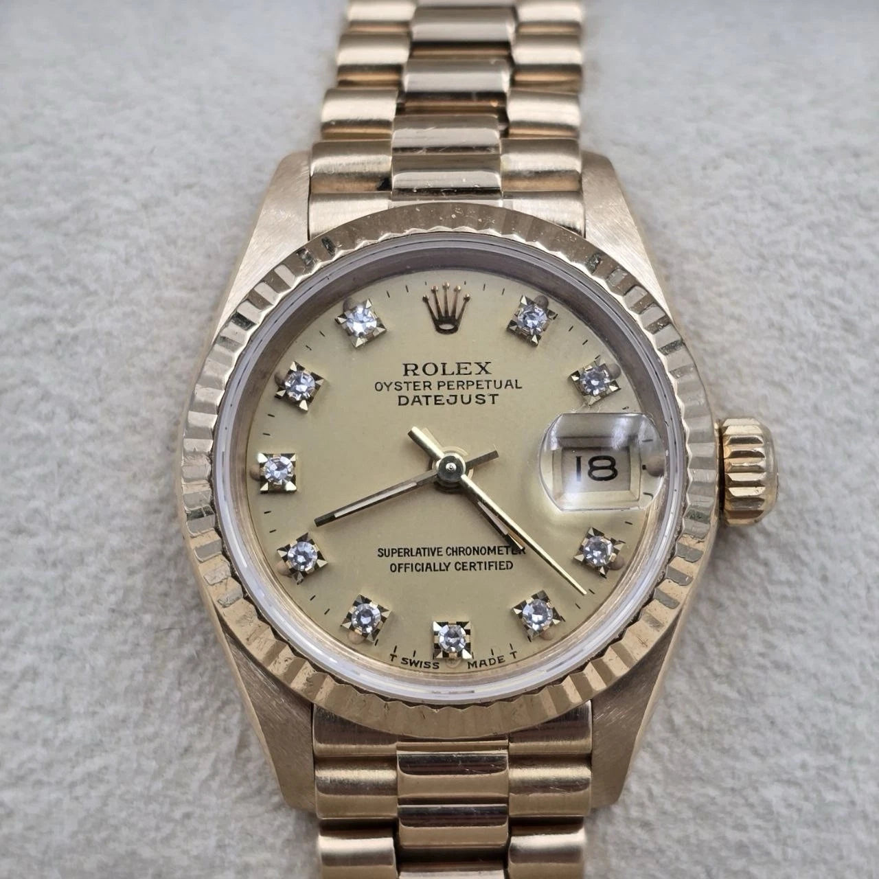 Rolex Ladies Datejust Gold President Factory Champagne Diamond Dial 26mm 69178