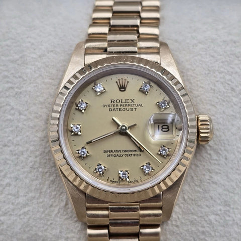 Rolex Ladies Datejust Gold President Factory Champagne Diamond Dial 26mm 69178