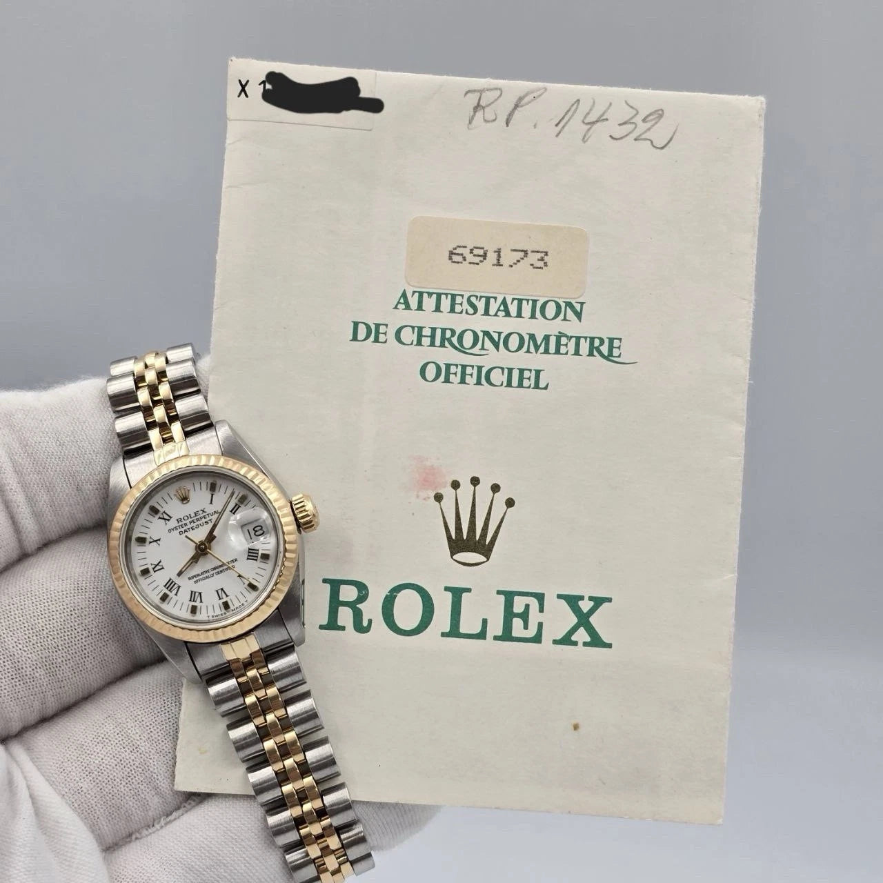PAPERS Rolex Lady Datejust 26mm Two Tone White Roman Diamond Dial Jubilee 69173