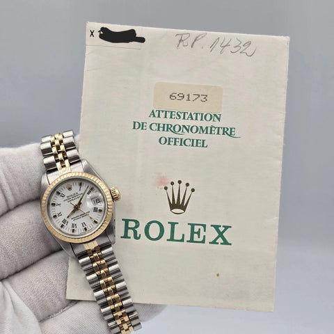 PAPERS Rolex Lady Datejust 26mm Two Tone White Roman Diamond Dial Jubilee 69173