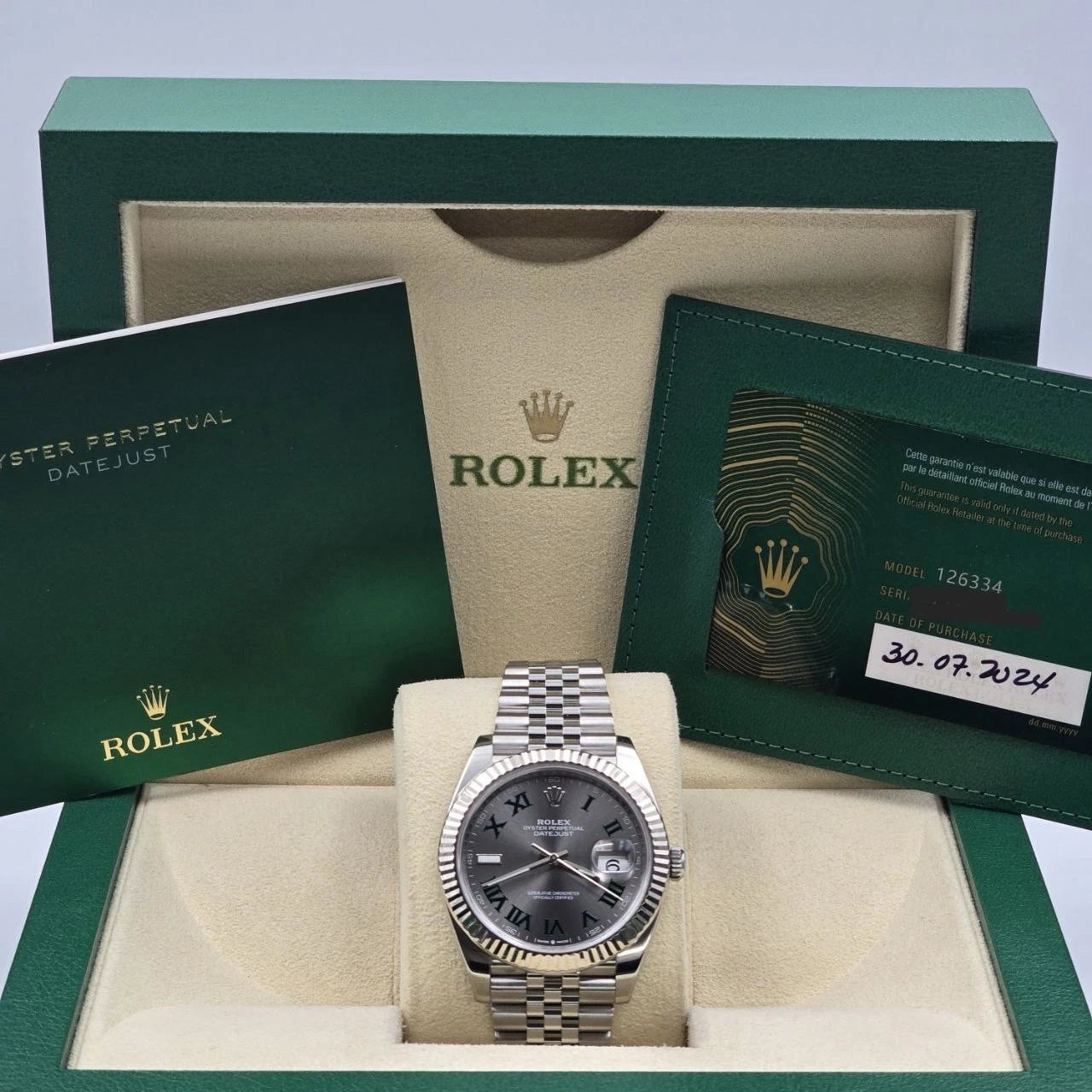 PAPERS 2024 Rolex Datejust 41mm 126334 Steel Jubilee Gray Wimbledon Dial BOX