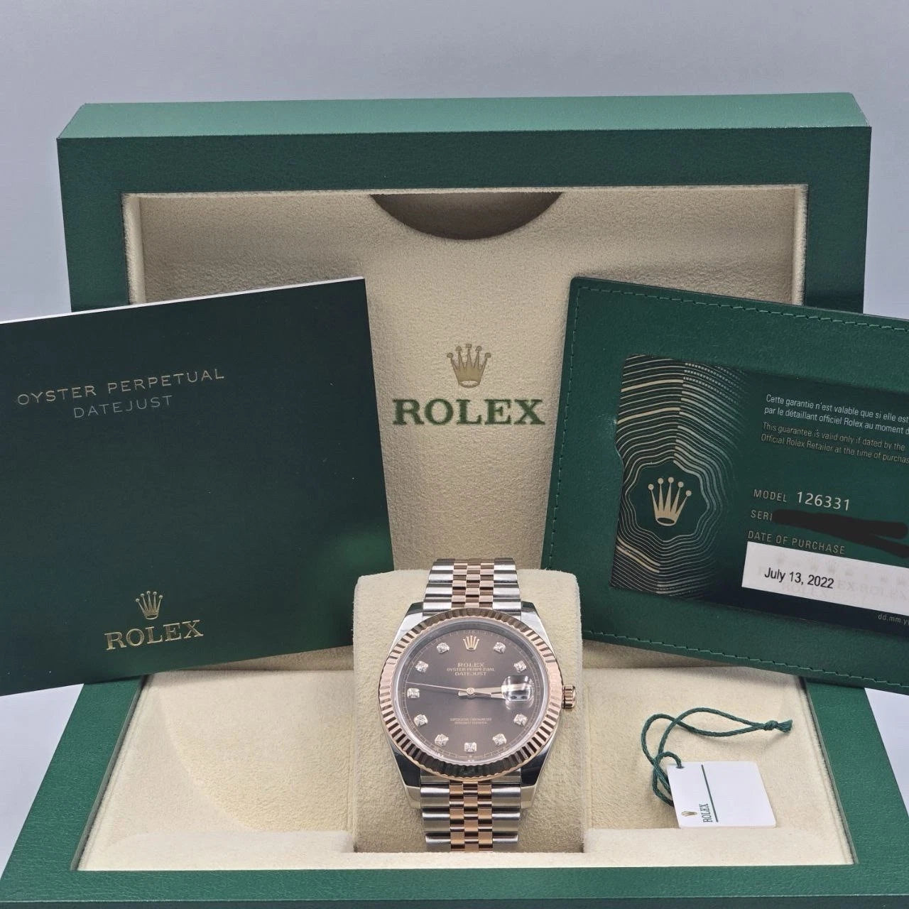 2022 PAPERS Rolex Datejust 41mm 126331 Chocolate Diamond Jubilee Gold Steel BOX