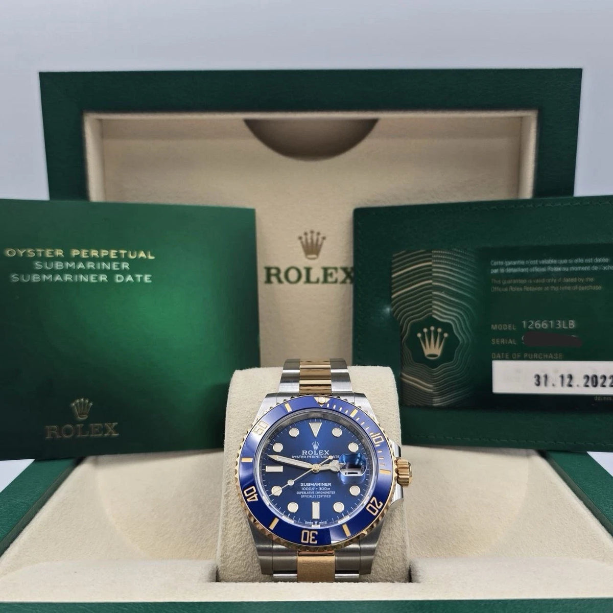 PAPERS 2022 Rolex Submariner Blue Dial Two Tone Gold 41mm Watch 126613LB BOX