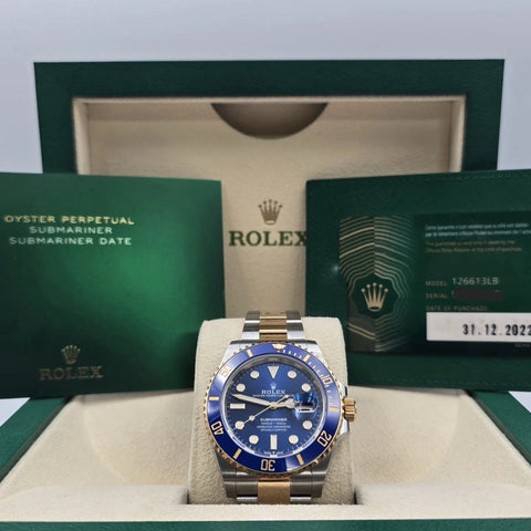 PAPERS 2022 Rolex Submariner Blue Dial Two Tone Gold 41mm Watch 126613LB BOX