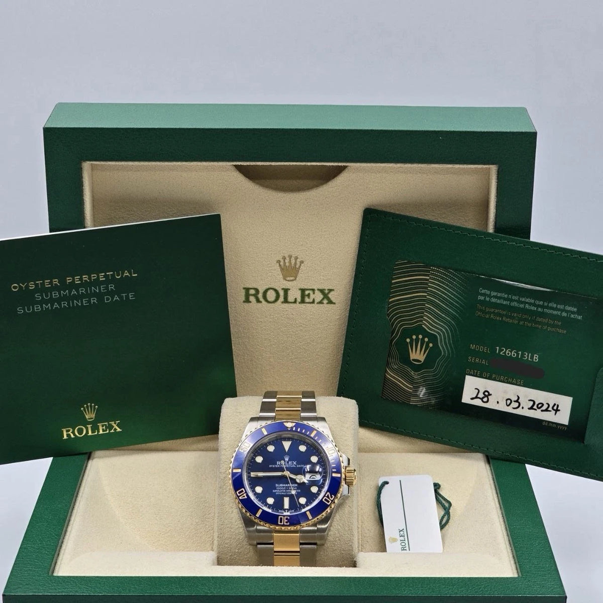 PAPERS 2024 Rolex Submariner Blue Dial Two Tone Gold 41mm Watch 126613LB BOX