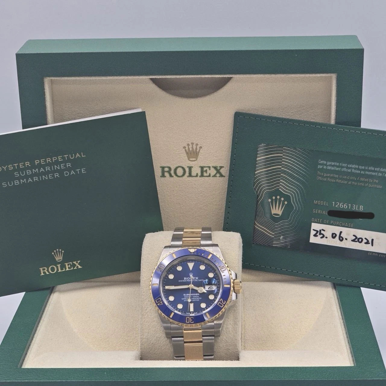 PAPERS 2021 Rolex Submariner Blue Dial Two Tone Gold 41mm Watch 126613LB BOX