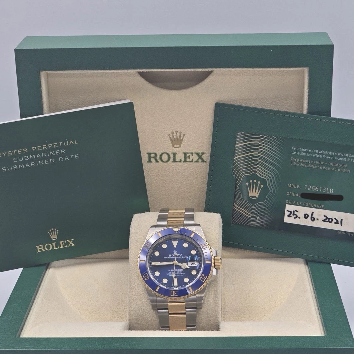 PAPERS 2021 Rolex Submariner Blue Dial Two Tone Gold 41mm Watch 126613LB BOX