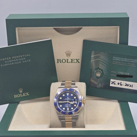PAPERS 2021 Rolex Submariner Blue Dial Two Tone Gold 41mm Watch 126613LB BOX