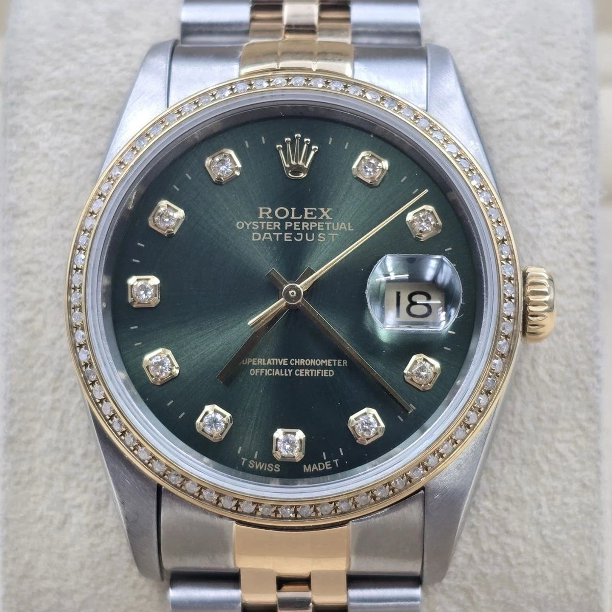 Rolex Datejust 36mm Olive Green Diamond Dial Diamond Bezel Two-Tone Watch 16233
