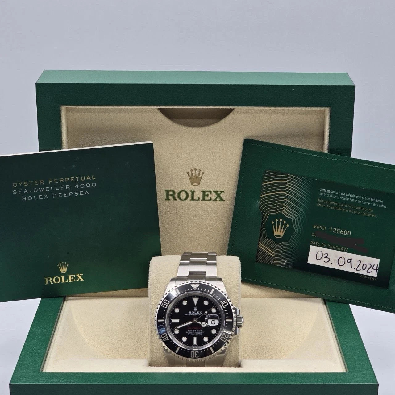 2024 MINT PAPERS Rolex Sea-Dweller Black Red Letters 43mm 126600 BOX