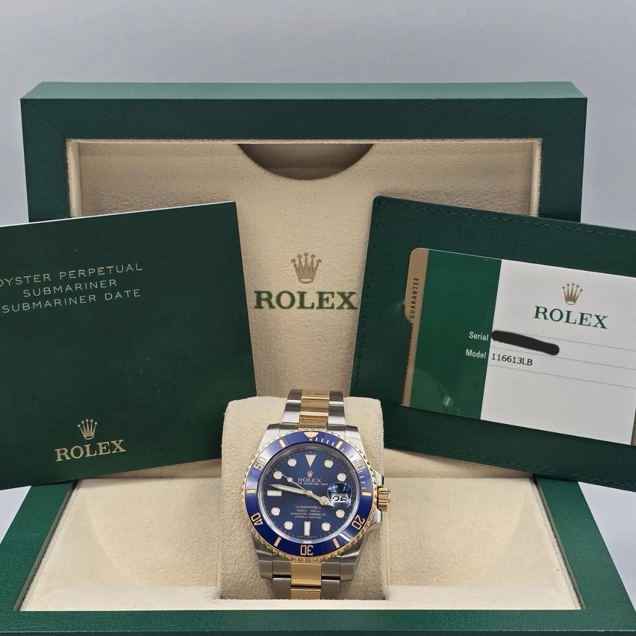 PAPERS 2016 Rolex Submariner Date 116613LB Blue Dial Gold TT 40mm Watch BOX