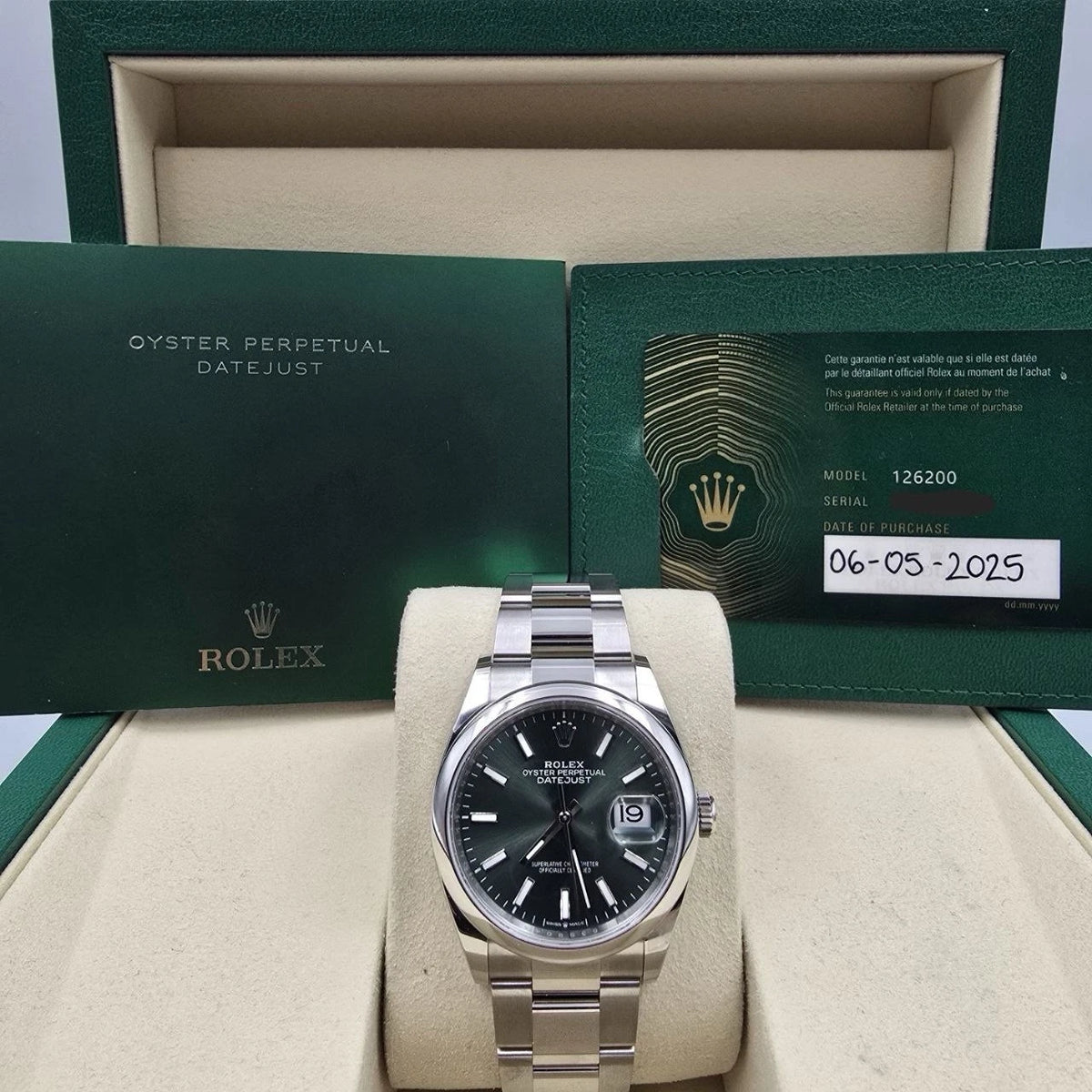 2025 PAPERS Rolex Datejust Green Dial Stainless Steel Oyster 36mm 126200 BOX