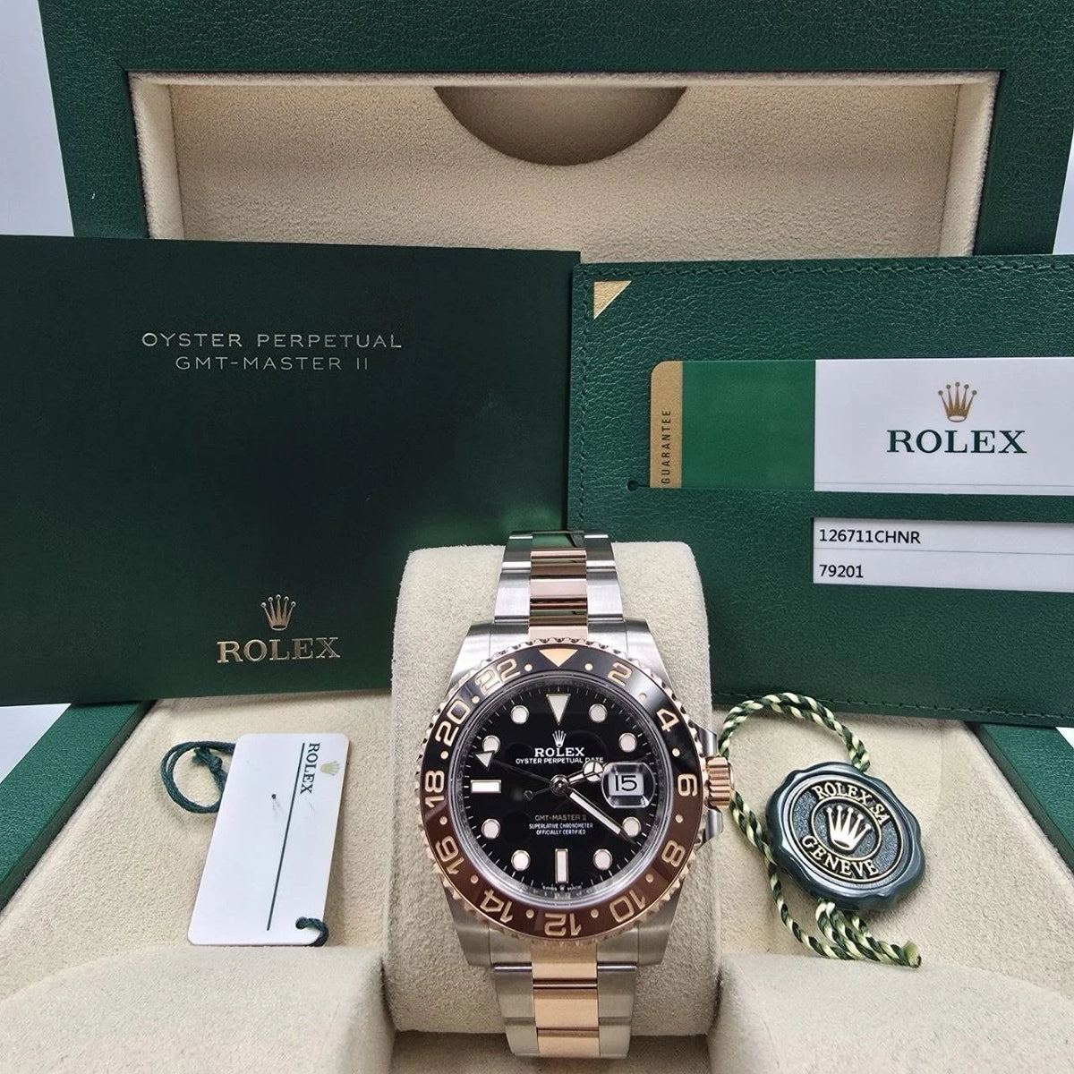 PAPERS 2019 Rolex GMT-Master II Rootbeer 40mm 126711CHNR Two-Tone Rose Gold BOX