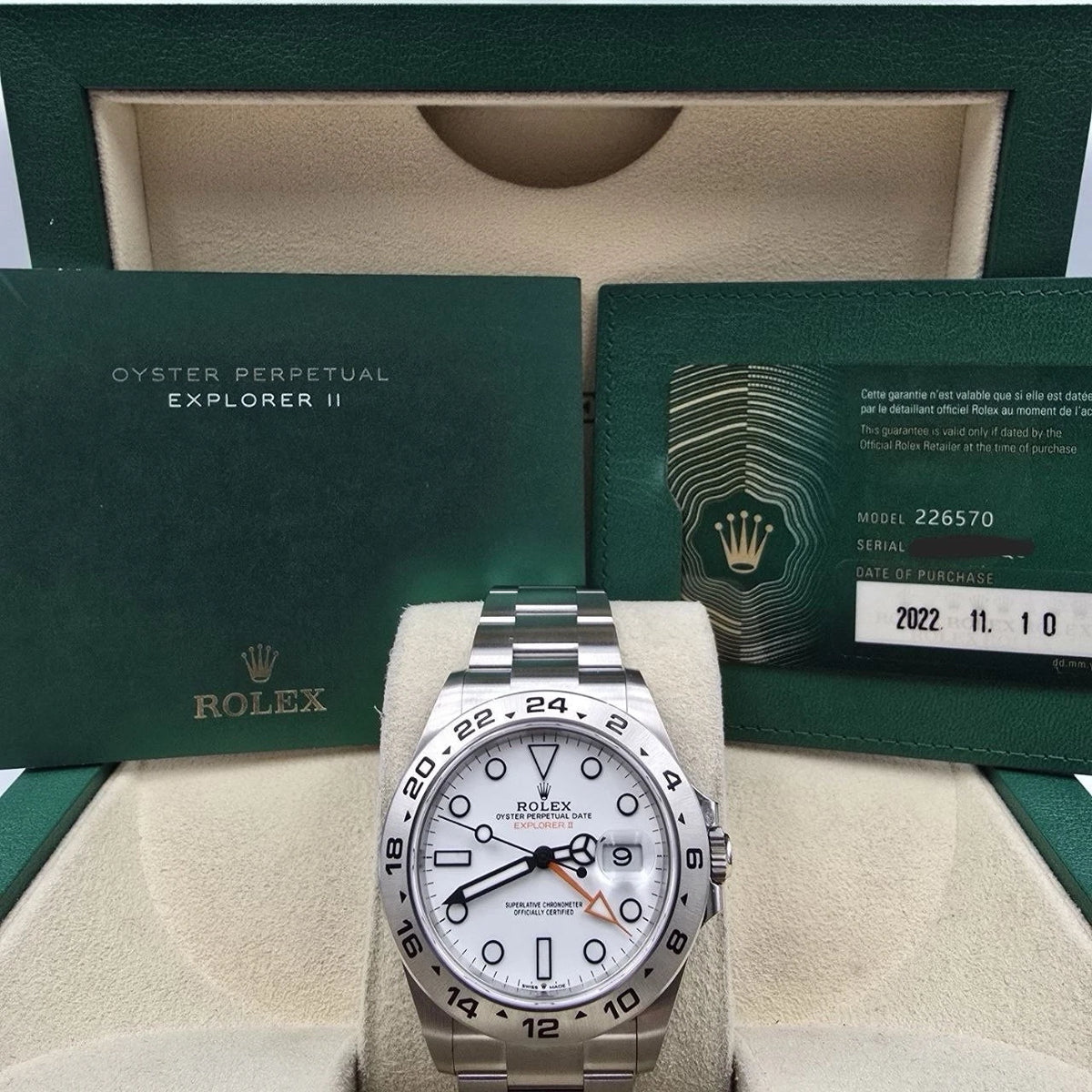 2022 PAPERS Rolex Explorer II 42mm 226570 Stainless Steel Polar White Dial BOX