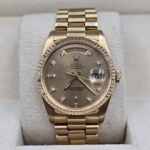 Rolex 18K Gold Day-Date President Gold Champagne Diamond Dial 36mm Watch 18238