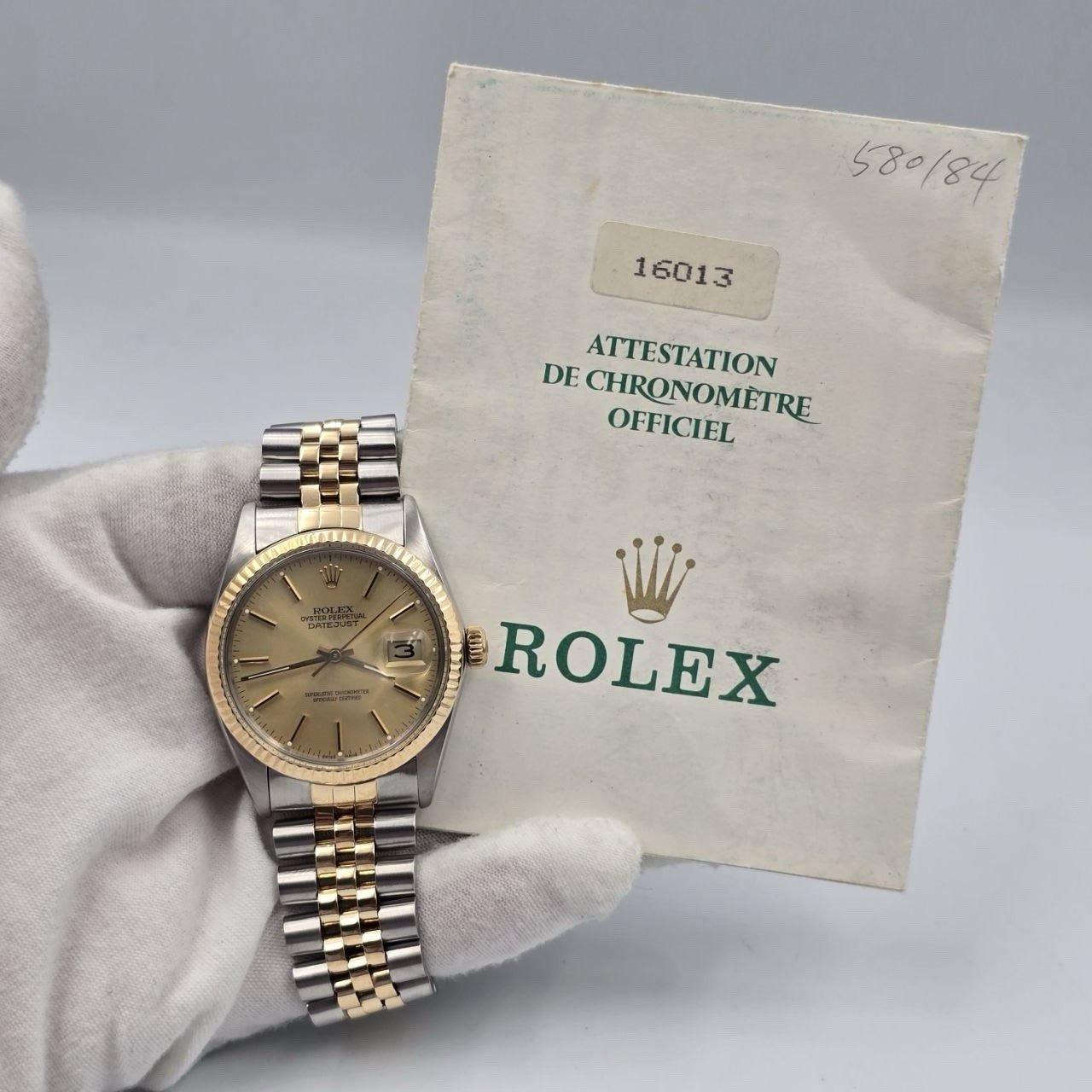 PAPERS Rolex Datejust Champagne Two-Tone Yellow Gold Jubilee 16013 36mm Watch