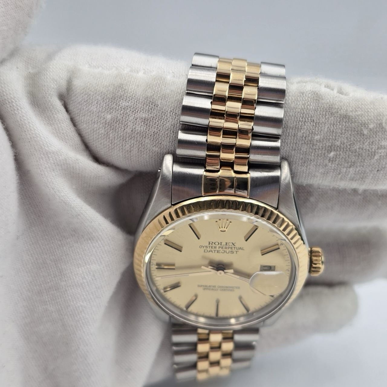 PAPERS Rolex Datejust Champagne Two-Tone Yellow Gold Jubilee 16013 36mm Watch
