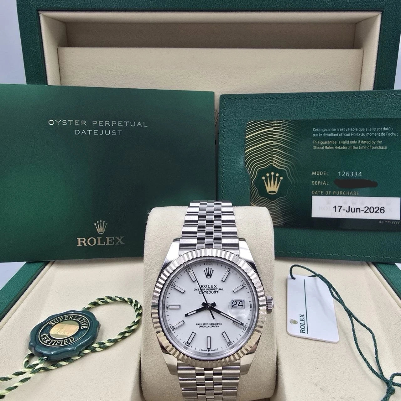 2026 PAPERS Rolex Datejust 41mm Steel Jubilee White Stick Dial 126334 BOX