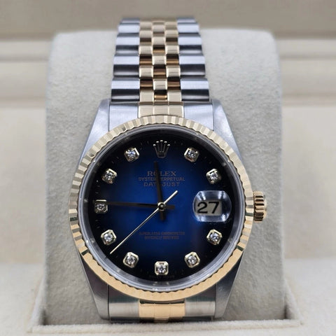 Rolex Datejust 36mm Blue Vignette Diamond Dial Two Tone 18K Gold Jubilee 16233