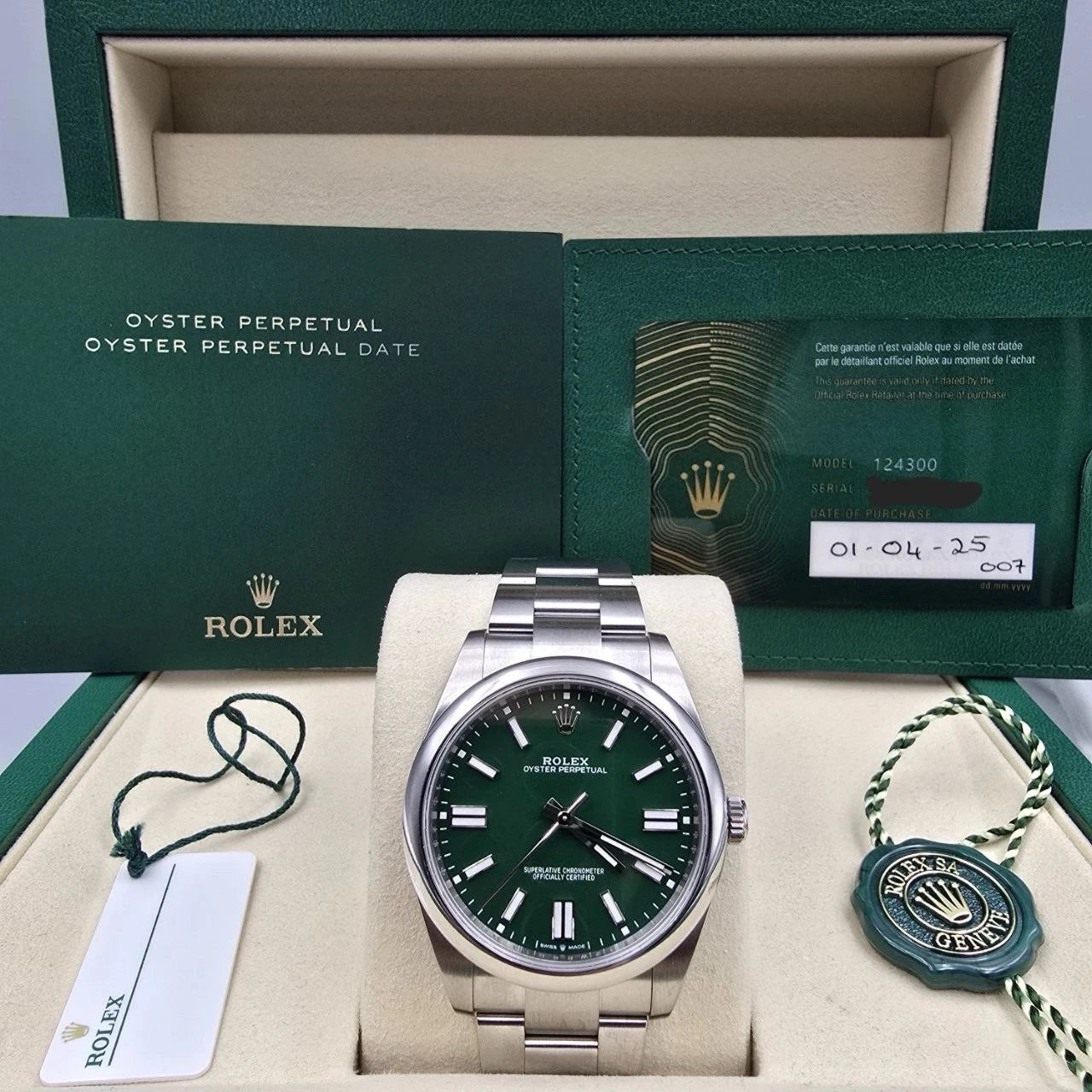 2025 PAPERS Rolex Oyster Perpetual 41mm Green Stainless Steel 124300 BOX