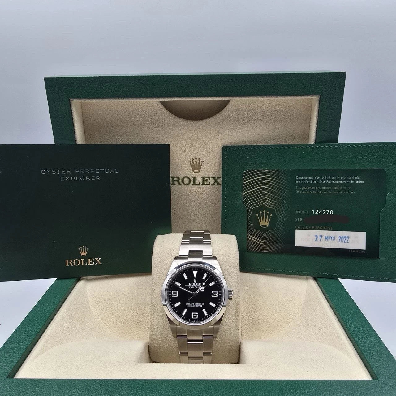 PAPERS MINT 2022 Rolex Explorer Black Dial Stainless Steel 36mm Watch 124270 BOX