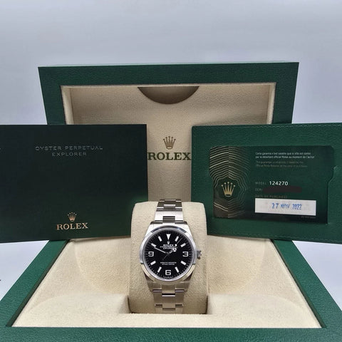 PAPERS MINT 2022 Rolex Explorer Black Dial Stainless Steel 36mm Watch 124270 BOX