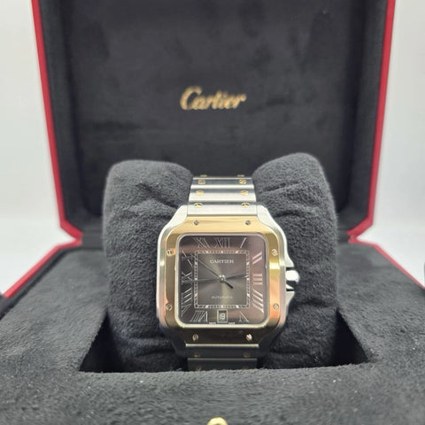 2025 Cartier Santos De Cartier Anthracite Grey Dial Men's Gold Bezel W2SA0030