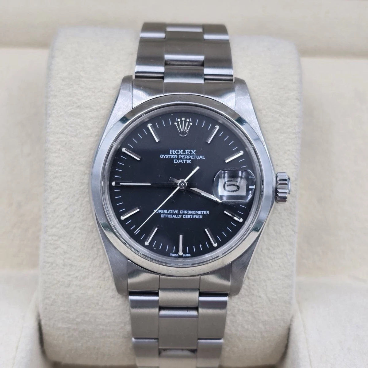 Rolex Oyster Perpetual Date Black Dial Stainless Steel 1500 34mm Watch