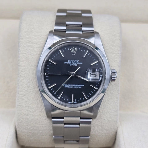 Rolex Oyster Perpetual Date Black Dial Stainless Steel 1500 34mm Watch