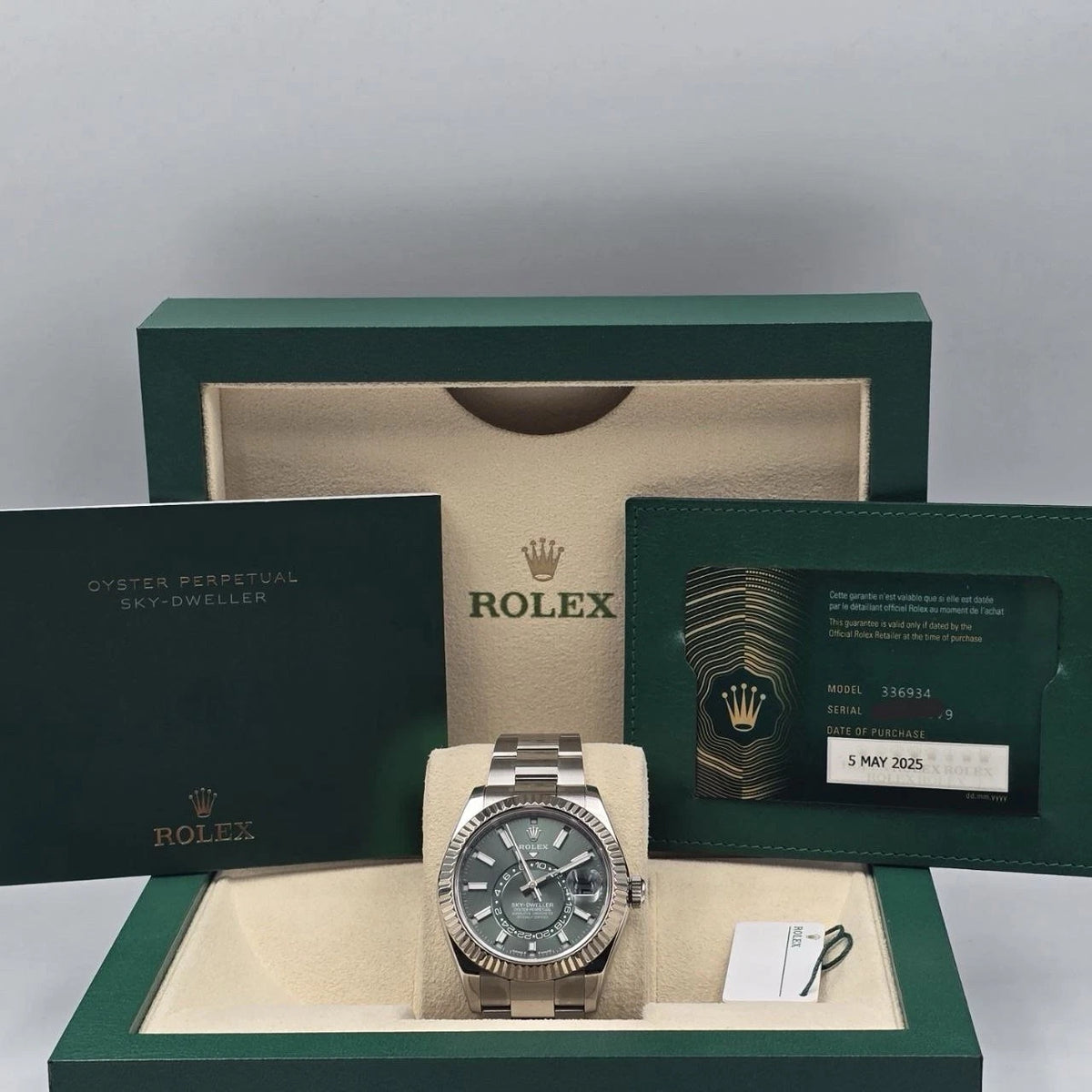 PAPERS 2025 Rolex Sky-Dweller Mint Green Oyster Fluted Bezel 42mm 336934 BOX