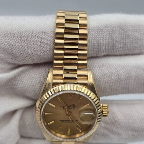 Rolex Datejust Champagne Stick Dial 18K Yellow Gold Fluted Bezel 26mm 69178