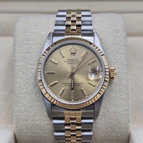 PAPERS MINT Rolex Datejust Ladies 31mm 18k Two Tone 68273 Champagne Dial Watch