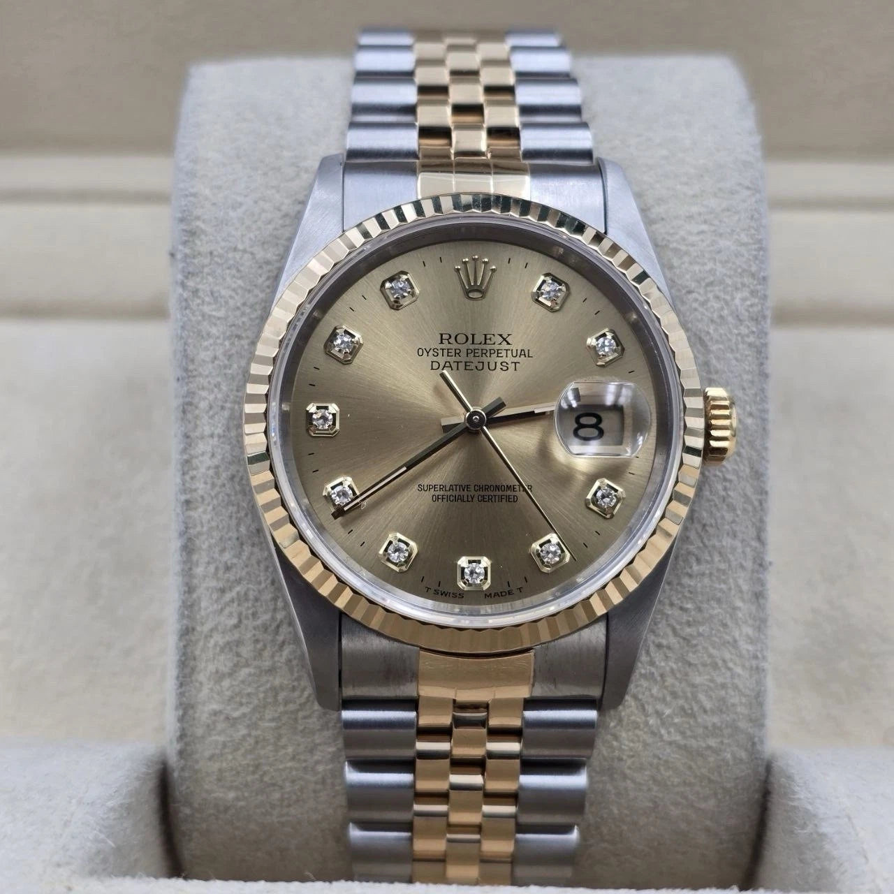 1996 PAPERS Rolex Datejust 36mm Champagne Diamond Dial Two Tone Jubilee 16233