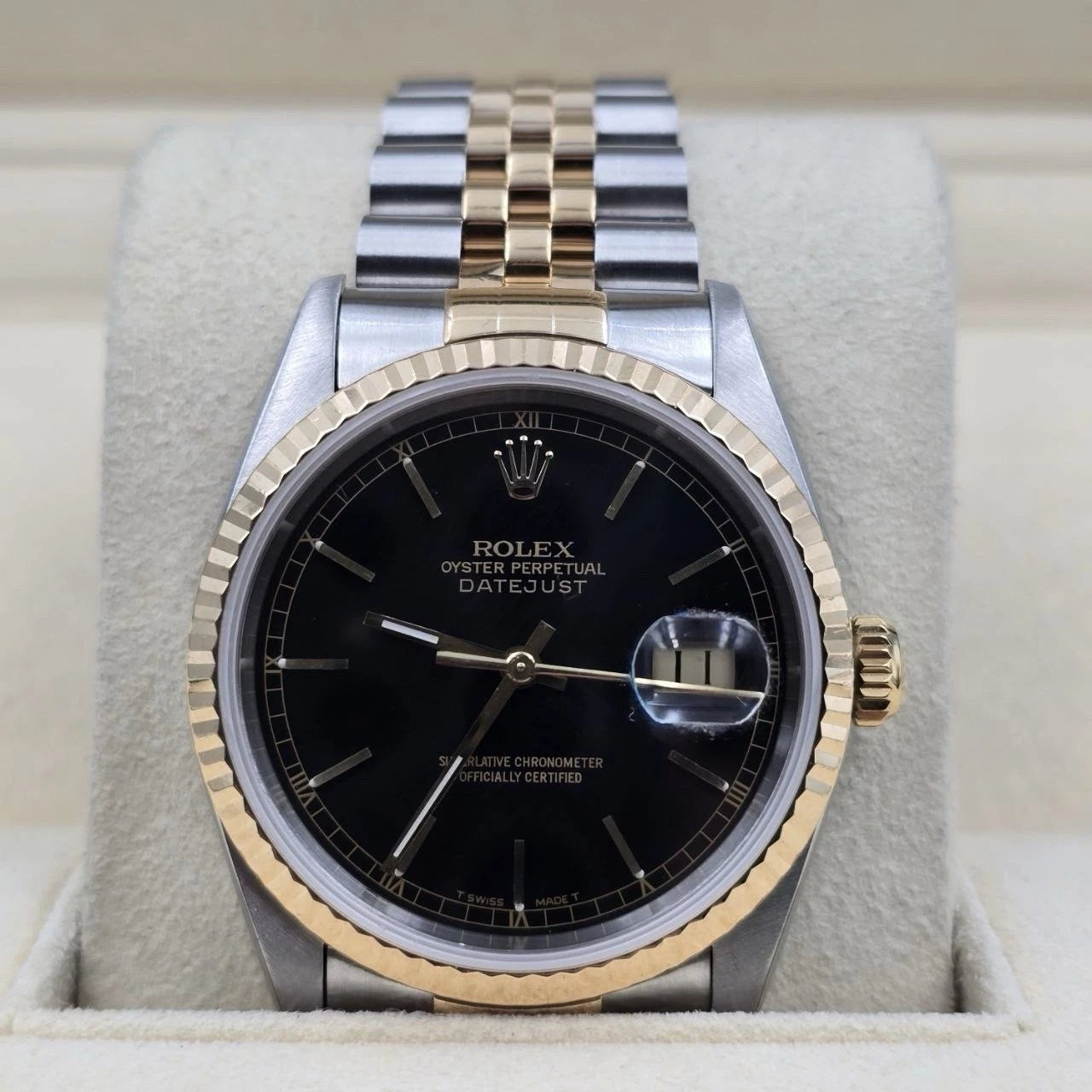 Rolex Datejust 36mm Black Stick Roman Two Tone 18K Yellow Gold Jubilee 16233