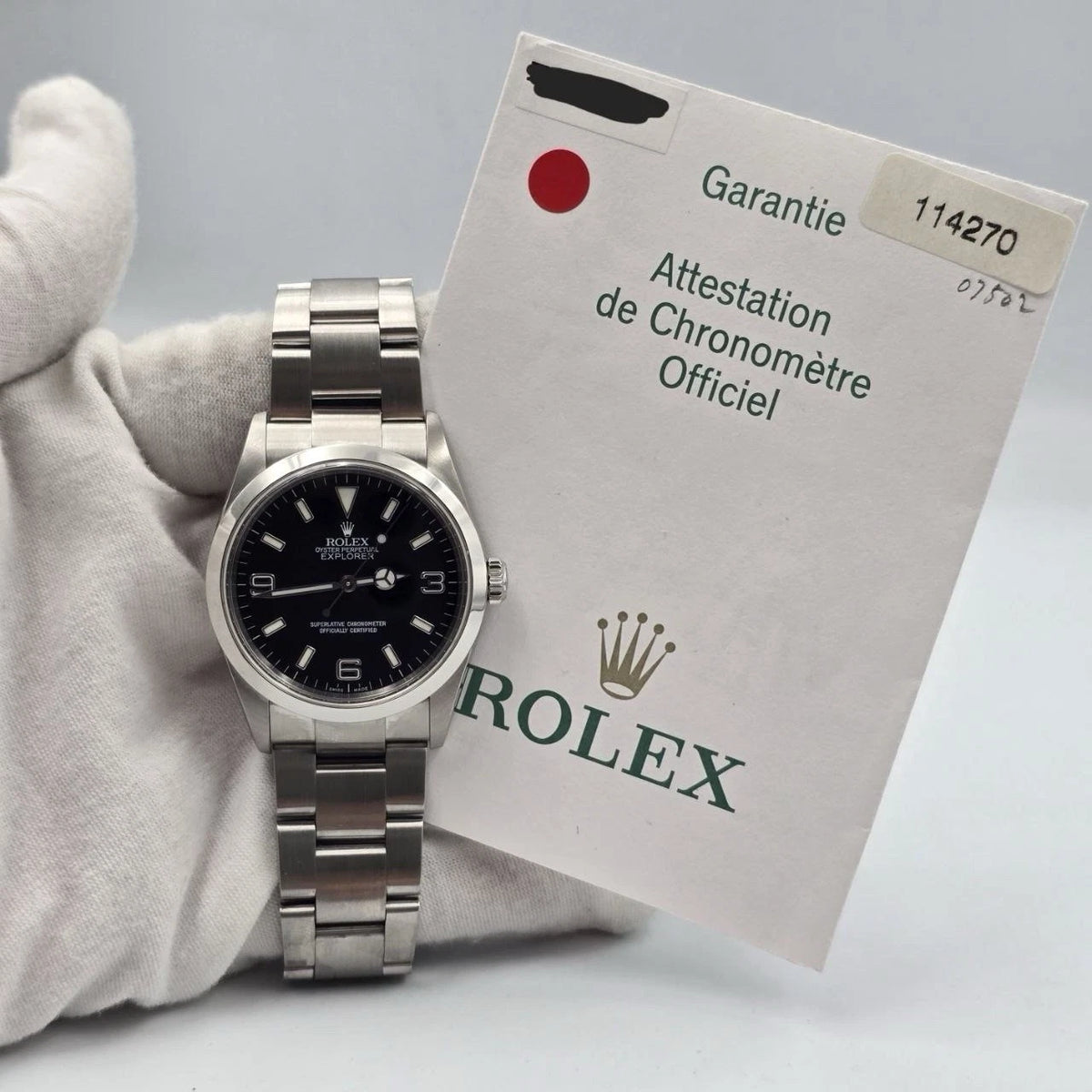 2004 PAPERS Rolex Explorer I 114270 36mm Stainless Steel Black Dial Watch