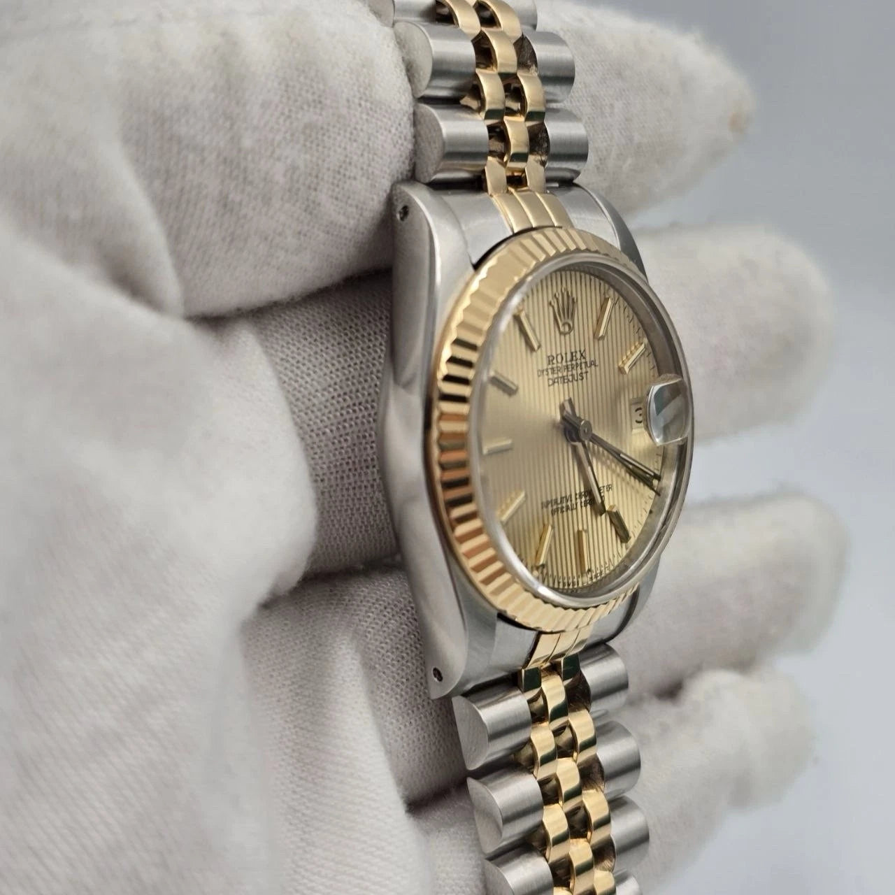 PAPERS Rolex Datejust Midsize Champagne Tapestry Dial Two-Tone 31mm 68273 Watch
