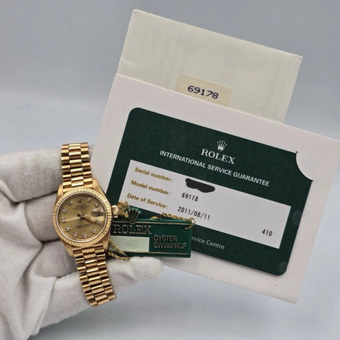 PAPERS Rolex Datejust Champagne Diamond Dial 18K Yellow Gold 69178 26mm + RSC