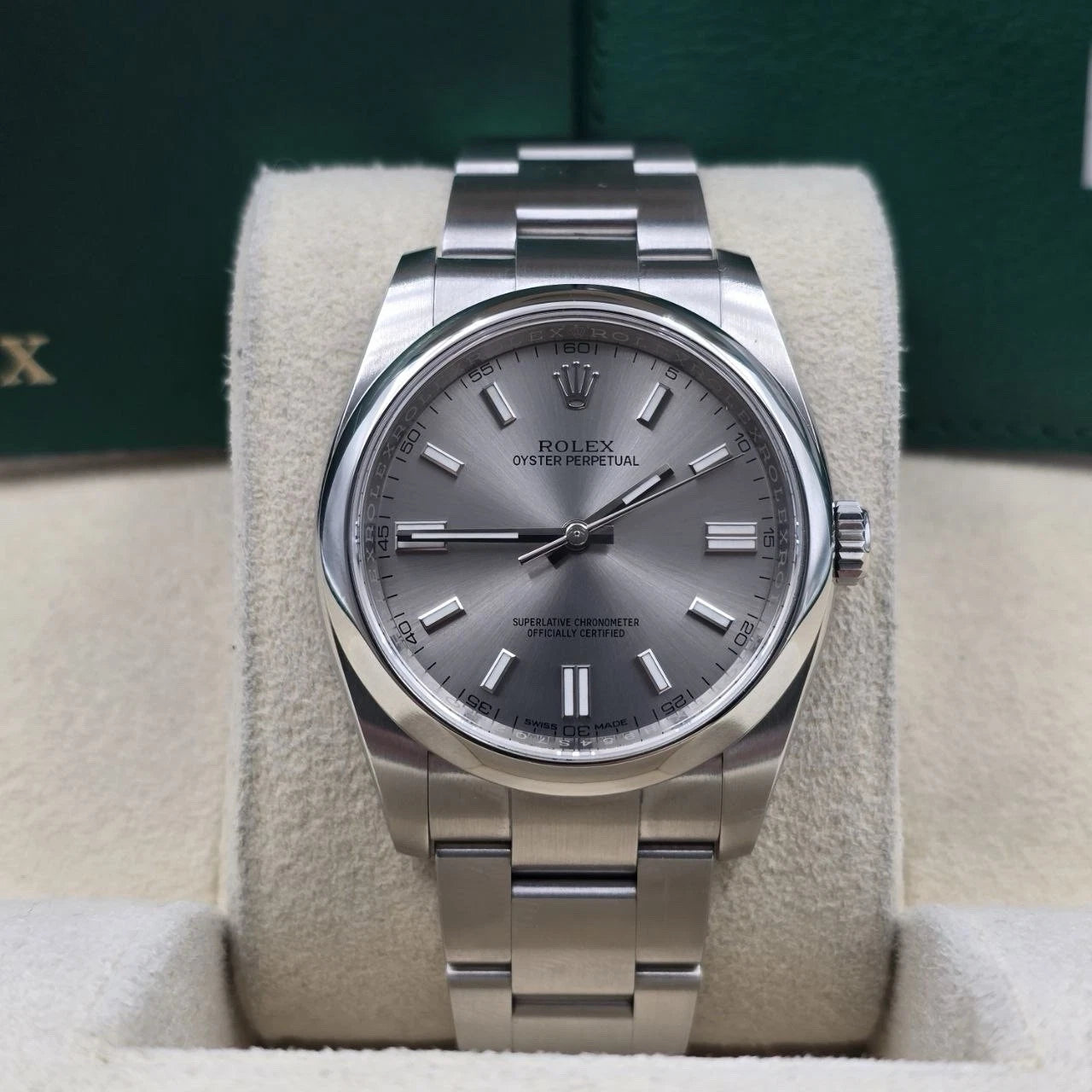 2019 PAPERS Rolex Oyster Perpetual Silver Stick Dial Steel 36mm 116000 BOX