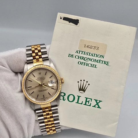 PAPERS Rolex Datejust Yellow Gold Steel Silver Dial 36mm NO HOLES 16233 Watch