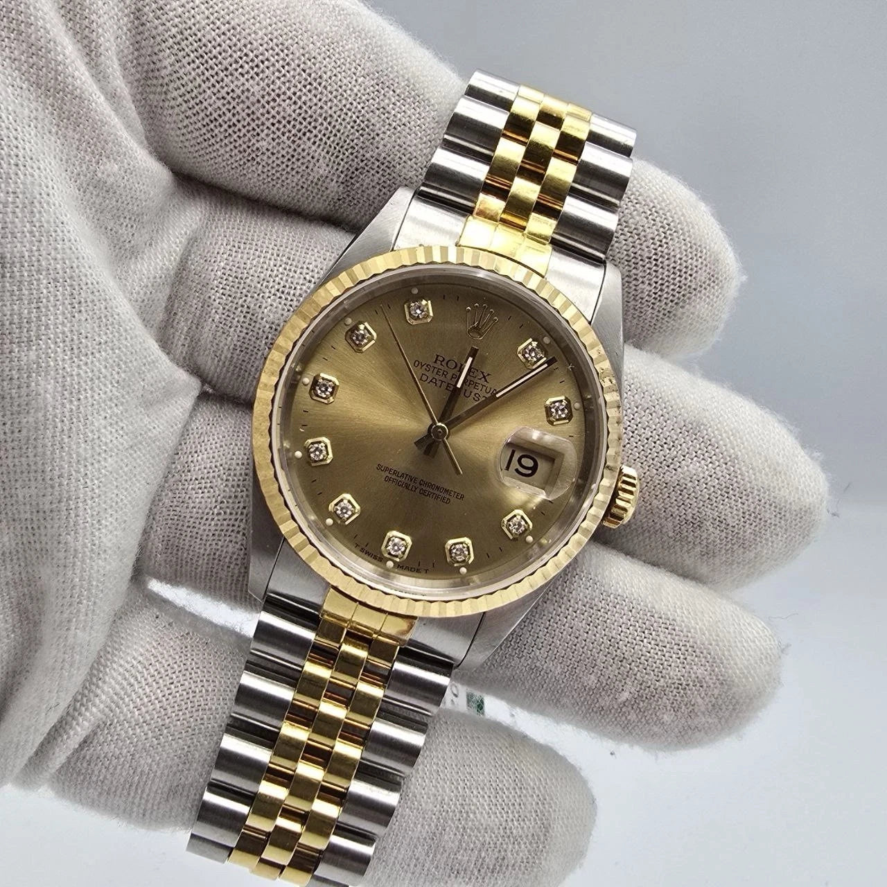 PAPERS Rolex DateJust 36mm NO-HOLES Champagne Diamond Dial TT 18K 16233 BOX