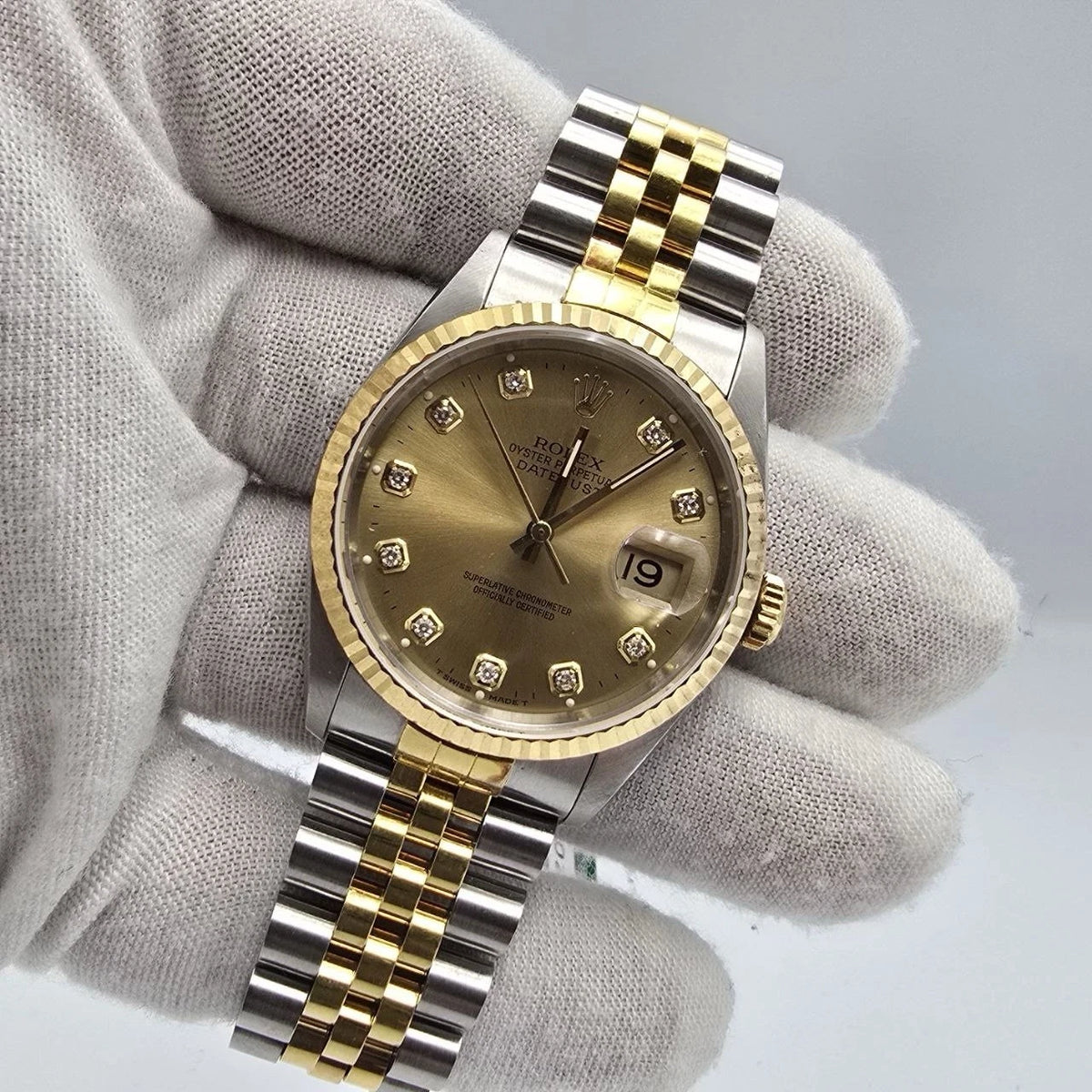 PAPERS Rolex DateJust 36mm NO-HOLES Champagne Diamond Dial TT 18K 16233 BOX
