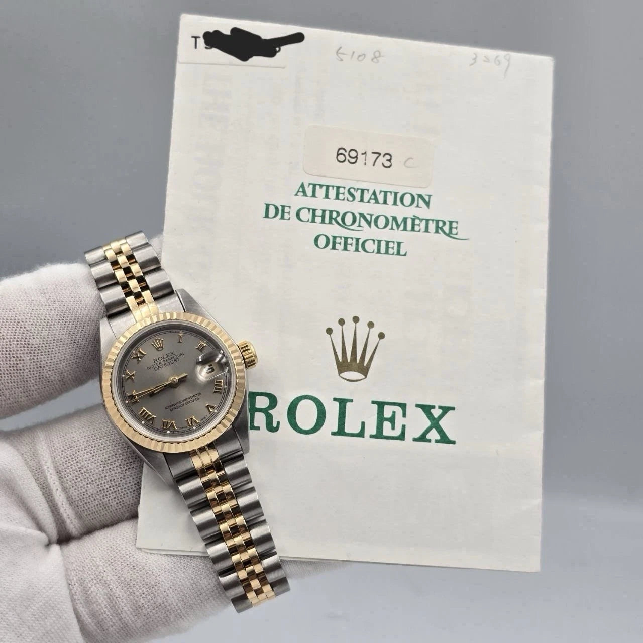 PAPERS Rolex Datejust 26mm 69173 TT Jubilee NO HOLES Rhodium Gray Roman Watch