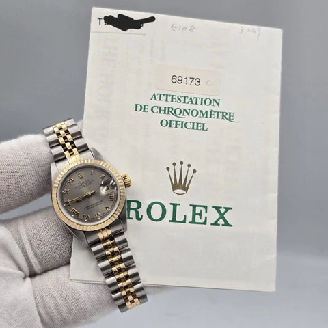PAPERS Rolex Datejust 26mm 69173 TT Jubilee NO HOLES Rhodium Gray Roman Watch
