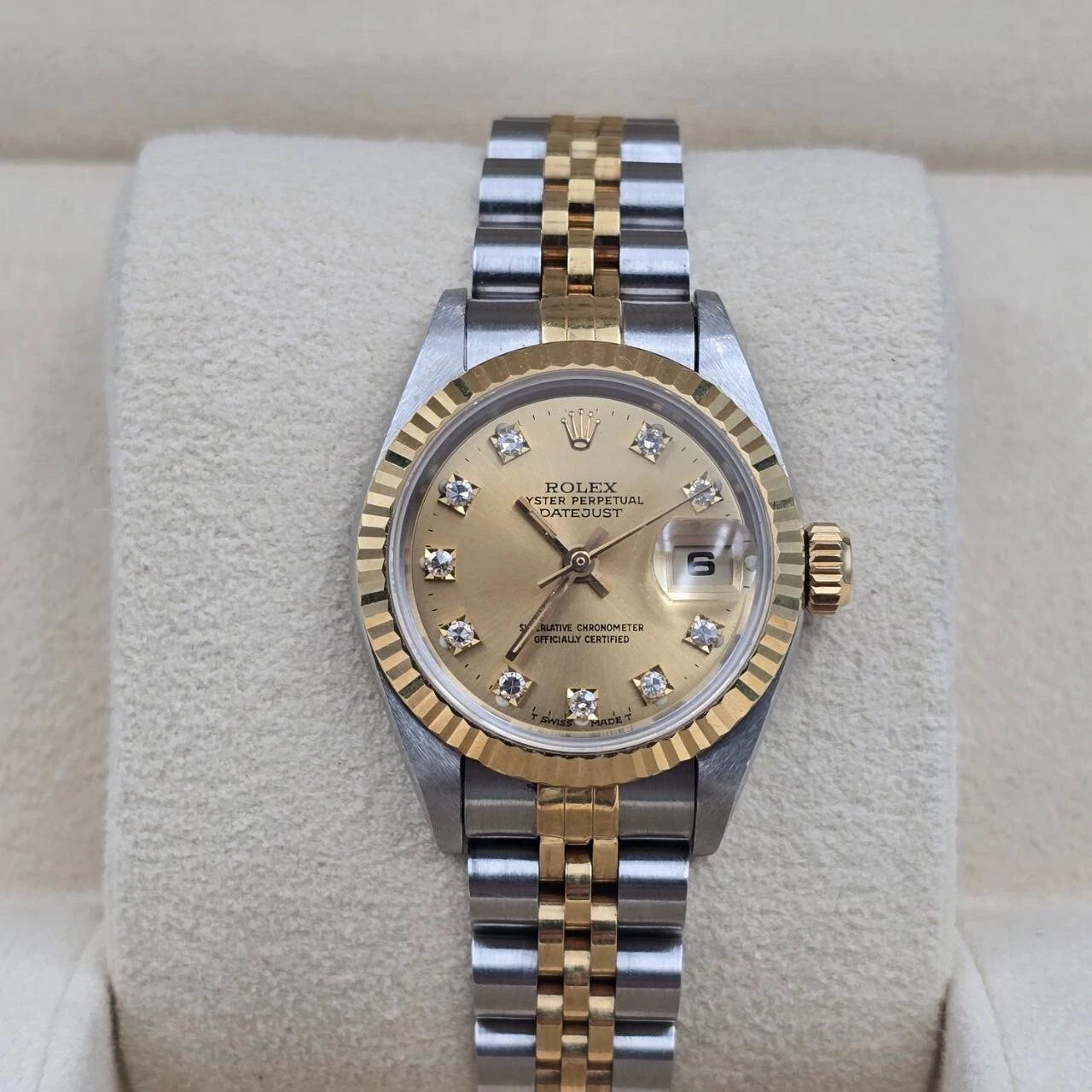 PAPERS Rolex Lady Datejust 18K Gold Steel Champagne NO HOLES Diamond Dial 69173