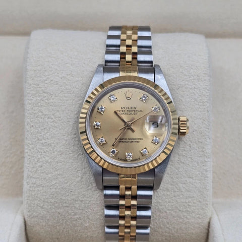 PAPERS Rolex Lady Datejust 18K Gold Steel Champagne NO HOLES Diamond Dial 69173