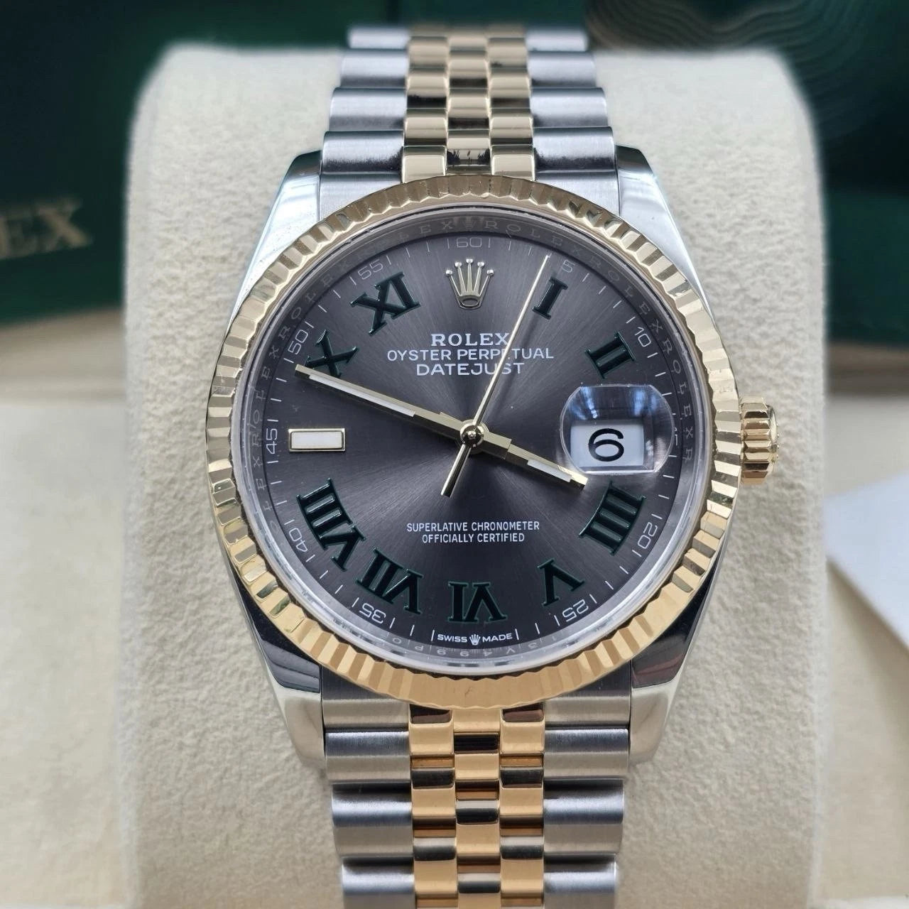 2022 PAPERS Rolex Datejust 36mm Wimbledon Yellow Gold Fluted Jubilee 126233 BOX