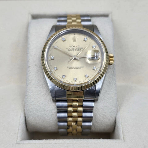 Rolex Datejust 36mm Champagne Diamond Dial 18K Yellow Gold Two Tone Watch 16233
